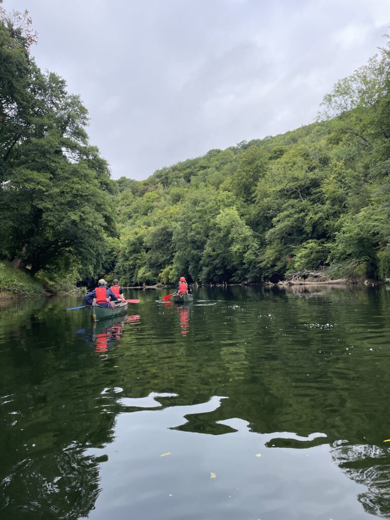 People in green canoes paddling down a calm river surrounded by dense, lush green forests under an overcast sky.