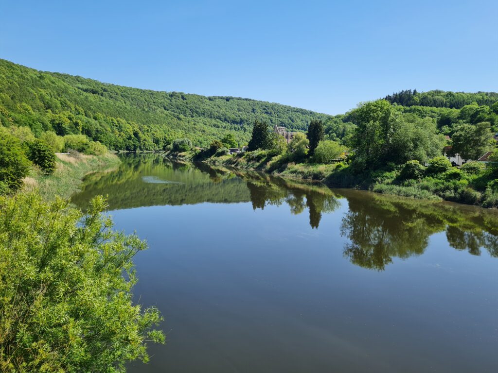 A wide, calm river reflecting lush green forested hills under a clear blue sky, with historic stone ruins visible along the tree-lined shore in the distance.