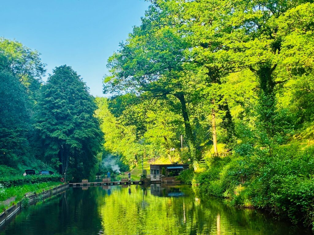 A vibrant, eye-level view of a calm canal reflecting dense, bright green trees on a sunny day. In the background, a small wooden cabin sits near a low walkway crossing the water, with a few distant figures visible. The tranquil scene is bathed in warm light under a clear blue sky.